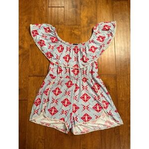 Justify Romper Womens XL Blue Red Tribal Print Pom Pom Trim Boho Summer